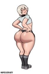 1boy ass big_ass bubble_ass bubble_butt eye_contact fat_ass_femboy femboy half-closed_eyes huge_ass looking_at_viewer looking_back male male_only minishorts mrpotatoparty original_character short_hair shorts solo standing thick_femboy thick_thighs