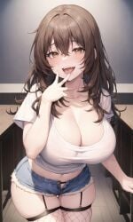 2023 ai_generated big_breasts brown_hair cleavage curvy curvy_female curvy_figure female female_focus female_only hi_res highres legwear long_hair looking_back original original_character stable_diffusion stuffyai voluptuous voluptuous_female