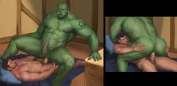 anal anal_sex duo fangs gay genitals green_body green_skin human human_male humanoid humanoid_pointy_ears light-skinned_male light_skin male male/male male_only mammal orc orc_male orcfun penetration penis size_difference tattoo teeth vein veiny_muscles