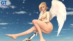 1girls 3d 3d_(artwork) angel_wings angela_ziegler blizzard_entertainment blonde_hair blue_eyes breasts cloud clouds female female_focus female_only flying gt_scenes hair_over_one_eye holding_object legs looking_at_viewer mercy nipples nude nude_female overwatch pinup sky solo solo_focus wings