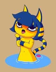 ahe_gao animal_crossing ankha ankha_(animal_crossing) anthro blue_hair cat_ears cat_tail catgirl egyptian felid feline feline_humanoid felis female fur furry nintendo nude open_mouth partially_submerged puddles puddles_(animal_crossing) simple_background solo solo_focus tail tongue tongue_out yellow_fur