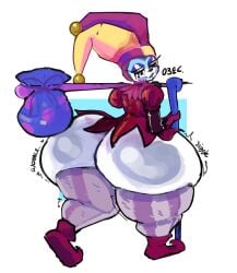 1girls 2023 bindle bottom_heavy character_request dat_ass english_text errantheart female_focus gigantic_ass huge_ass huge_hips jester jester_cap jester_hat jester_outfit jiggle makeup original original_character runny_makeup sound_effects text thick_thighs thin_waist white_skin wide_hips wobble