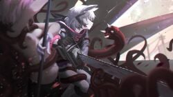 2girls animal_ears animal_hood arknights arm_up asphyxiation battle black_gloves black_pantyhose blurry blurry_foreground breasts chainsaw clenched_teeth closed_eyes depth_of_field gloves grey_hair highres holding holding_staff holding_weapon hood hood_down long_sleeves miniskirt monster multiple_girls navel nipples pantyhose popukar_(arknights) preamy_kyuushi purple_skirt rabbit_ears rabbit_hood short_hair skirt small_breasts staff stomach_bulge sussurro_(arknights) teeth topless weapon white_gloves white_pantyhose