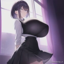 ai_generated huge_breasts op_ai school_uniform schoolgirl short_hair skirt tagme