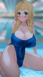 1girls aged_up alternate_breast_size blonde_hair breasts competition_swimsuit female green_eyes highleg_swimsuit huge_breasts indoors light-skinned_female light_skin lillie_(pokemon) long_hair nintendo one-piece_swimsuit pokemon pokemon_sm pool sumisumii swimsuit thick_thighs thighs wet wet_body wide_hips