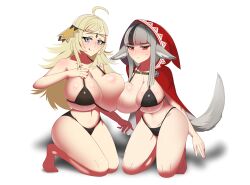 2girls :p ahoge alternate_costume animal_ears asymmetrical_docking bangs bare_legs barefoot bikini black_bikini black_swimsuit blonde_hair breast_press breasts breasts_out cleavage female female_only fire_emblem fire_emblem_fates frown grey_eyes grey_hair hood huge_breasts kneeling large_breasts legs licking_lips long_hair looking_at_viewer multiple_girls nintendo one_breast_out ophelia_(fire_emblem) pibu pointy_ears red_eyes sideboob smile swimsuit tongue tongue_out velouria_(fire_emblem)