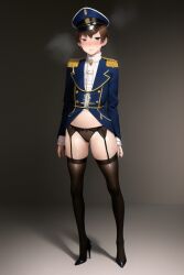 ai_generated black_heels black_legwear blush cuntboy heels high_heels intersex legwear lust_family_(artist) military_hat military_uniform short_hair thighhighs underwear