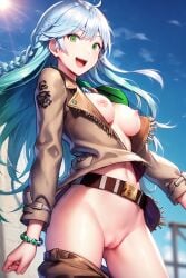 1girls 2d ahoge ai_generated areolae bangs blue_hair breasts brown_pants censored censored_pussy color eyebrows_visible_through_hair fate/grand_order fate_(series) female female_only green_eyes kukulkan_(fate) light-skinned_female light_skin long_hair long_sleeves mosaic_censoring nipples open_mouth open_shirt outside pants pants_down pussy shirt stable_diffusion thighs very_long_hair