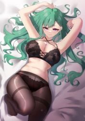 1girls armpits bed_sheet belly_button big_breasts black_bra black_panties bra exia-eku1025 eyebrows_visible_through_hair green_hair large_breasts light-skinned_female light_skin lingerie on_bed panties pantyhose purple_eyes solo virtual_youtuber vspo! white_bed_sheet yakumo_beni