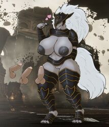 anthro armor artist_name balls big_breasts breasts canid canine canis claws clothed clothing digitigrade disembodied_penis elden_ring female fromsoftware fur genitals hair headgear heart helmet hi_res humanoid_genitalia humanoid_penis imminent_sex male maliketh_the_black_blade mammal mtf_crossgender navel nipple_piercing nipples partially_clothed penis piercing pussy rule_63 skimpy thick_thighs unconvincing_armor wide_hips wolf wolfarion