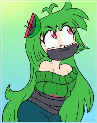 angry bondage damsel_in_distress female gag gagged green_hair shut_up taped_mouth tied_up vannamelon vannamelon_(copyright) virtual_youtuber vtuber youtube youtuber