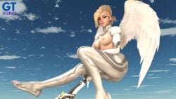 1girls 3d angel_wings angela_ziegler blizzard_entertainment blonde_hair blue_eyes breasts cloud clouds exposed_breasts female female_focus female_only flying gt_scenes hair_over_one_eye holding_object legs looking_at_viewer mercy nipples overwatch pinup sky solo solo_focus suit wings