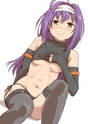 :3 black_panties breasts elbow_gloves fingerless_gloves fire_emblem fire_emblem:_path_of_radiance fire_emblem:_radiant_dawn flashing gloves green_eyes kuhuku006f86 long_hair looking_at_viewer mia_(fire_emblem) nintendo panties purple_hair shirt_lift sitting small_breasts smile smug teasing thighhighs underboob underwear undressing