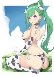 1girls animal_ears big_breasts clouds cow_ears cow_horns cow_print cow_print_bikini cow_print_gloves cow_print_stockings eyebrows_visible_through_hair female female_only gloves grass green_hair horns large_breasts light-skinned_female light_skin looking_at_viewer milk milk_bottle nonoro_(8cxricv6wlc9wk7) ponytail purple_eyes sky solo virtual_youtuber vspo! yakumo_beni