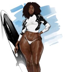 1girls bikini_bottom black_hair dark-skinned_female dark_skin female female_only hand_on_hip long_hair looking_at_viewer magicmoonsarts original original_character solo surfboard tasha_(magicmoonsarts) thick_thighs wetsuit_top wide_hips