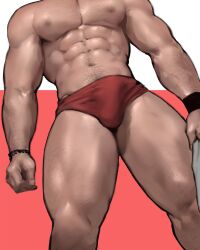 abs big_thighs bulge dopq gay male_focus male_only muscular muscular_male pecs red_speedo red_underwear standing thighs