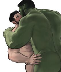 big_ass big_butt dopq embrace embracing gay green_skin human_male intimacy intimate kissing light-skinned_male light_skin male male/male male_focus male_only muscular muscular_male orc orc_male