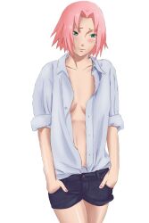 1girls amenoosa bare_chest bare_legs blouse breasts cleavage denim denim_shorts female female_only green_eyes hand_in_pocket hi_res legs_together long_hair medium_breasts medium_hair nail_polish naruto naruto_(series) naruto_shippuden no_bra open_clothes open_shirt petite pink_hair sakura_haruno shirt shorts shoulder_length_hair sleeves_rolled_up small_breasts smile solo solo_focus unbuttoned unbuttoned_shirt