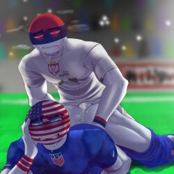 2boys balls_deep biting_lip blue_eyes bodily_fluids butt clenched_teeth countryhumans cum cum_in_ass cum_inside gay male male_only muscular partially_clothed public red_eyes serbia_(countryhumans) soccer soccer_uniform united_states_of_america_(countryhumans) yaoi