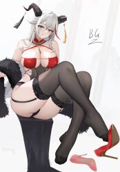 aegir_(azur_lane) azur_lane baige0 black_garter_belt black_garter_straps black_legwear black_panties black_stockings cleavage female_only footwear hair_between_eyes huge_breasts long_hair looking_at_viewer nipple_bulge red_high_heels solo_focus thick_thighs thighhighs thighs tongue tongue_out uncensored underwear white_hair wide_hips yellow_eyes