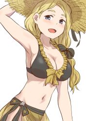 1girls :d alternate_costume arm_up armpits bare_arms bikini bikini_skirt black_bikini black_bow black_swimsuit blonde_hair blue_eyes bow bow_bikini breasts cleavage collarbone cowboy_shot female female_only fire_emblem fire_emblem:_three_houses fire_emblem_heroes frilled_bikini frills hair_bow hand_on_headwear hat kuhuku006f86 large_breasts light_blush long_hair looking_at_viewer mercedes_von_martritz mercedes_von_martritz_(summer) navel nintendo official_alternate_costume open_mouth parted_bangs sarong see-through see-through_skirt sideboob simple_background skirt smile solo straw_hat striped striped_bow sun_hat swimsuit tongue two-tone_bikini wavy_hair white_background yellow_bow