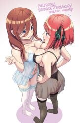 2girls ass babydoll blue_eyes blush breast_press breasts brown_hair collarbone go-toubun_no_hanayome hair_ornament highres large_breasts lingerie long_hair multiple_girls nail_polish nakano_miku nakano_nino navel open_mouth panties red_hair short_hair siblings sisters stockings sweatdrop vierosky