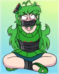 angry bondage damsel_in_distress gag gagged green_hair shut_up tape_gag taped_mouth tied_up vannamelon vannamelon_(copyright) virtual_youtuber vtuber youtube youtuber