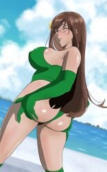 1girls arm_gloves ass big_breasts brown_hair dela_(va) delalicious3 fanart female female_only glasses green_armwear green_leotard hi_res leotard long_hair looking_at_viewer looking_back rear_view seaside senpaiyama smiling smiling_at_viewer solo spread_ass spreading tongue_out wink winking_at_viewer