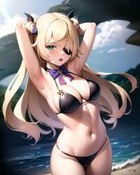 ai_generated armpits arms_behind_head arms_up bangs bare_arms bare_shoulders beach bikini black_bikini blonde_hair blue_sky blurry blush bow bowtie breasts cleavage cowboy_shot day eyepatch female fischl_(genshin_impact) genshin_impact green_eyes hair_ornament hair_over_one_eye hair_ribbon halterneck long_hair looking_at_viewer medium_breasts navel ocean open_mouth outdoors ribbon skindentation sky solo stable_diffusion stlow7 stomach string_bikini swimsuit thighs two_side_up water