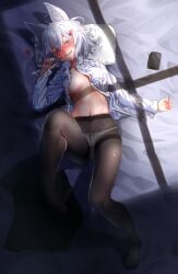 1girls bangs bed belly_button black_pantyhose blush drunk ear_tuft eyelashes female fox_ears fox_girl inner_ear_fluff light-skinned_female light_skin looking_at_viewer m.tokotsu navel no_bra on_bed open_shirt panties panties_under_pantyhose pantyhose phase_connect phase_origins purple_eyes seductive short_hair small_breasts smile solo tenma_maemi thighs virtual_youtuber white_eyelashes white_hair