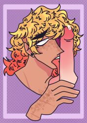 1boy blonde_hair blowjob disembodied_penis dyed_hair earrings fellatio freckles licking_penis long_hair male_focus male_only mullet original_character precum scar tagme upwardserect yaoi