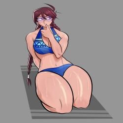 bare_thighs beauty_mark bikini blue_bikini blue_swimsuit braid breasts cleavage curvy danganronpa drclump fukawa_touko glasses kneeling large_breasts long_hair mole mole_under_mouth straight_hair swimsuit thick_thighs thighs twin_braids voluptuous