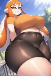 ai_generated big_breasts big_hips big_thighs bike_shorts black_shorts breasts curvy curvy_female from_below hand_on_hip hips huge_breasts huge_hips huge_thighs inkling inkling_girl looking_at_viewer looking_down massive_breasts massive_thighs midriff nai_diffusion orange_hair orange_inkling_girl orange_shirt outdoors outside smirk smug splatoon stable_diffusion thick_thighs thighs tight_clothing walking wide_hips