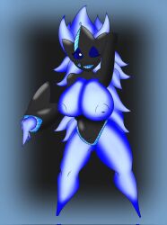 2021 banette big_breasts black_body blue_body breasts female generation_3_pokemon hand_behind_head huge_breasts inverted_nipples multicolored_body navel nintendo nipples not_furry one_eye_closed pokemon pokemon_(species) reapcreates831 simple_background solo two_tone_body zipper