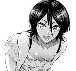 1girls bare_shoulders bent_over black_hair bleach blush bracelet breasts collarbone daraz18aka down_blouse dress edit female female_focus female_only greyscale hair_between_eyes hands_on_own_knees kiomaru1 kuchiki_rukia looking_at_viewer monochrome nipple_slip open_mouth pose posing short_hair simple_background small_breasts solo summer_dress wardrobe_malfunction white_background wide_hips