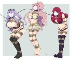 3girls barefoot black_panties bondage breasts camilla_(fire_emblem) collar damsel_in_distress dvcttape female femsub fire_emblem fire_emblem_awakening fire_emblem_engage fire_emblem_fates forced_march gag gagged huge_breasts jumping large_breasts leash leash_and_collar leash_pull multiple_girls multiple_subs nintendo olivia_(fire_emblem) over_the_nose_gag panties pink_hair purple_hair red_hair rope tied_toes tied_up toe_bondage underwear walking white_panties yunaka_(fire_emblem)