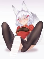 1boy 1girls bangs black_thighhighs blush censored china_dress disembodied_penis ear_tuft eyelashes feet female foot_fetish foot_fetish_with_legwear footjob footjob_with_legwear fox_ears fox_girl half-closed_eyes inner_ear_fluff john_zerowb light-skinned_female light_skin looking_at_viewer male_silhouette nopan penis_silhouette phase_connect phase_origins purple_eyes short_hair silhouette small_breasts smile smug spread_legs tenma_maemi thighhighs virtual_youtuber white_background white_eyelashes white_hair