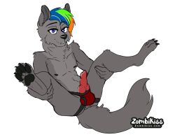 1boy animal_penis anthro artist_name artist_website balls_outline blue_eyes body_fur canine canine_penis claws fluffy_tail furry genitals grey_fur jockstrap knot male male_nipples male_only mammal mostly_nude_male multicolored_hair neck_ruff penis penis_out saberleo solo wolf zombikiss