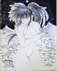 arms_crossed arms_on_breasts artistic_nude black_and_white blue_eyes chaisa_nishimura_(yamidanight) cold crying depressed depressing depression eyess_closed greyscale horse_tail hot_spring ink lake long_hair moon moonlight mound_of_venus mounting night night_sky nipple nonsexual_nudity oc original original_artwork original_character original_characters red_hair sad serious shaded_face sky tear tears traditional_art traditional_media traditional_media_(artwork) water yamidanight