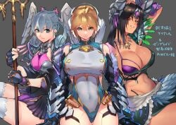 3girls absurdres armor black_hair blonde_hair blue_eyes breasts cleavage covered_navel cyborg feathers female female_only fiora_(xenoblade) green_eyes highres holding holding_staff huge_breasts jewelry large_breasts looking_at_viewer medium_breasts melia_antiqua miniskirt monolith_soft multiple_girls navel negresco nintendo one-piece_swimsuit pendant princess red_eyes robot robot_girl sharla_(xenoblade) short_hair silver_hair skirt smile staff swimsuit thick_thighs thighhighs thighs wings xenoblade_(series) xenoblade_chronicles