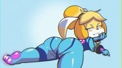 1girls animal_crossing animated anthro ass ass_shake big_ass bodysuit bubble_butt canid canine canis clothed clothing domestic_dog female female_only fur furry furry_only isabelle_(animal_crossing) jiggle jiggling_ass latex looking_at_viewer looking_back lying lying_on_stomach metroid nintendo prone samus_aran_(cosplay) scrabble007 seductive shiny_clothes short_playtime smug solo tail thick_thighs tight_clothing twerk twerking wide_hips zero_suit