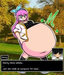 1girls 2boys aubrey_(omori) basil_(omori) big_belly bullying english_text female female_pred male omori only_in_ohio sadism struggling_prey sunny_(omori) text vore vore_belly