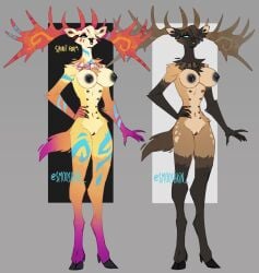 2023 anthro antlers areola ass big_breasts biped black_areola black_nipples black_nose black_pussy blue_eyes breasts brown_body cervine deer digital_drawing_(artwork) digital_media_(artwork) eyebrows eyelashes female fingers genitals hair hi_res hooves horn jewelry mammal megaloceros model_sheet multi_nipple multicolored_antlers multicolored_body nakala_(smooshkin) necklace nipples nude pose presenting presenting_breasts presenting_hindquarters presenting_pussy pussy seductive smooshkin solo tan_body