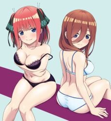 2girls ass back bangs black_bra black_panties blue_background blue_bra blue_eyes blush bow bra brown_hair go-toubun_no_hanayome hairbow legs looking_at_viewer looking_back multiple_girls nakano_miku nakano_nino panties red_hair siblings simple_background sisters sitting smile underwear vierosky