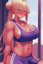 1futa abs ai_generated ball_bulge balls balls_under_clothes bangs bare_shoulders big_ass blonde_hair blush breasts bulge bulge_through_clothing cameltail cleavage clothing color_edit curvy curvy_figure dark_skin double_bun edit erection erection_under_clothes eyebrows_visible_through_hair futa_only futanari grin gym gym_clothing gym_shorts hair_between_eyes hair_bun hazel_eyes huge_breasts indoors large_breasts long_hair looking_at_viewer muscular muscular_futanari navel novelai penis penis_bulge penis_under_clothes shorts side_bun sidelocks sitting smile solo sports_bra sportswear stable_diffusion stomach sweat tan tan_skin tenting thick_thighs thighs tied_hair voluptuous yellow_eyes