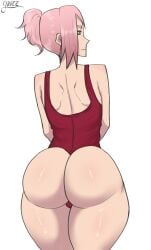 1girls back_view bare_legs bare_thighs big_ass big_butt boruto:_naruto_next_generations bubble_ass bubble_butt clothed clothing curvaceous curvy curvy_body curvy_female curvy_figure female female_only green_eyes grizzlyart hi_res high_resolution highres huge_ass large_ass light-skinned_female light_skin looking_at_viewer looking_back mature mature_female medium_hair milf naruto naruto_(series) naruto_shippuden one-piece_swimsuit pale-skinned_female pale_skin pink_hair pinup ponytail pose posing presenting_ass presenting_butt red_swimsuit revealing_clothes sakura_haruno shounen_jump solo standing swimsuit thick_thighs thighs tied_hair voluptuous white_background wide_hips