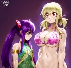 2girls 3rd_party_edit alternate_breast_size bikini bikini_top blonde_hair bottomless breast_envy color edit fairy_tail female female_only hi_res large_breasts looking_at_breasts lucy_heartfilia multiple_girls muscular_female oblivious pink_bikini purple_hair red_eyes small_breasts staring_at_breasts sweatdrop thegoldensmurf thin_waist tied_hair twintails wendy_marvell young