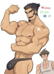 2023 2boys abs almost_naked ass bara beard big_bulge big_muscles black_hair blush blushing brown_eyes brown_hair bulge danganronpa danganronpa_2:_goodbye_despair digital_media_(artwork) facial_hair fist flexing flexing_bicep flexing_muscles gay goatee grey_thong grey_underwear hinata_hajime human human_only kaito_draws looking_at_viewer male male_focus male_only mouth_open muscles muscular muscular_male nervous nidai_nekomaru nipples open_mouth pecs pectorals penis_in_underwear pose posing skimpy_bikini smile smiling smiling_at_viewer solo_focus speedo standing strip_game sweat sweatdrop swimsuit swimwear tank_top thick_legs thong thong_only underwear underwear_only white_background white_tank_top