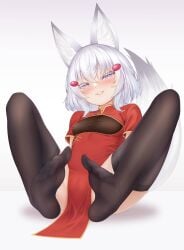 1girls bangs black_thighhighs blush cameltoe china_dress ear_tuft eyelashes feet female foot_fetish foot_fetish_with_legwear fox_ears fox_girl half-closed_eyes inner_ear_fluff john_zerowb light-skinned_female light_skin looking_at_viewer phase_connect phase_origins purple_eyes short_hair small_breasts smile smug solo spread_legs tenma_maemi thighhighs virtual_youtuber white_background white_eyelashes white_hair