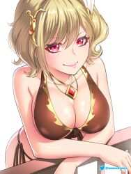 1girls alternate_breast_size alternate_costume bare_arms bare_shoulders big_breasts bikini blonde_hair breasts brown_bikini brown_swimsuit citrinne_(fire_emblem) commentary etchimune female female_only fire_emblem fire_emblem_engage hair_between_eyes hair_ornament jewelry looking_at_viewer necklace nintendo pink_lips red_eyes royalty short_hair side-tie_bikini_bottom simple_background smile solo swimsuit teenage_girl teenager white_background